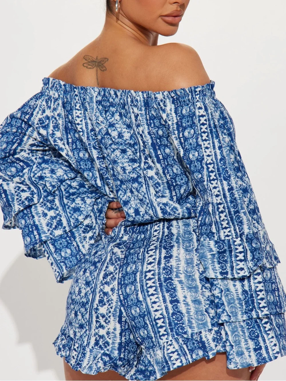 Blue Patterned Off-Shoulder Women’s Shorts Romper worn once